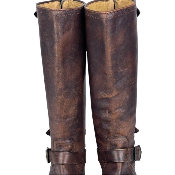 FRYE VERONICA BROWN DISTRESSED TALL MOTO EQUESTRIAN STYLE BACK ZIP LEATHER BOOTS - Picture 8 of 14